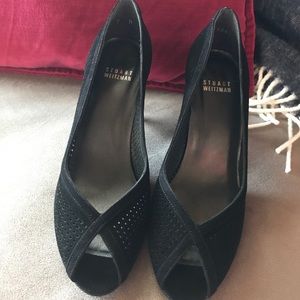 Stuart Weitzman black suede peep toe pumps